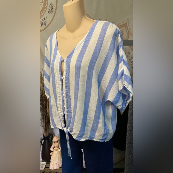 NWOT GAP Linen Mix Blue & White Striped  Tied Front Crop Top Size Small - Picture 6 of 8
